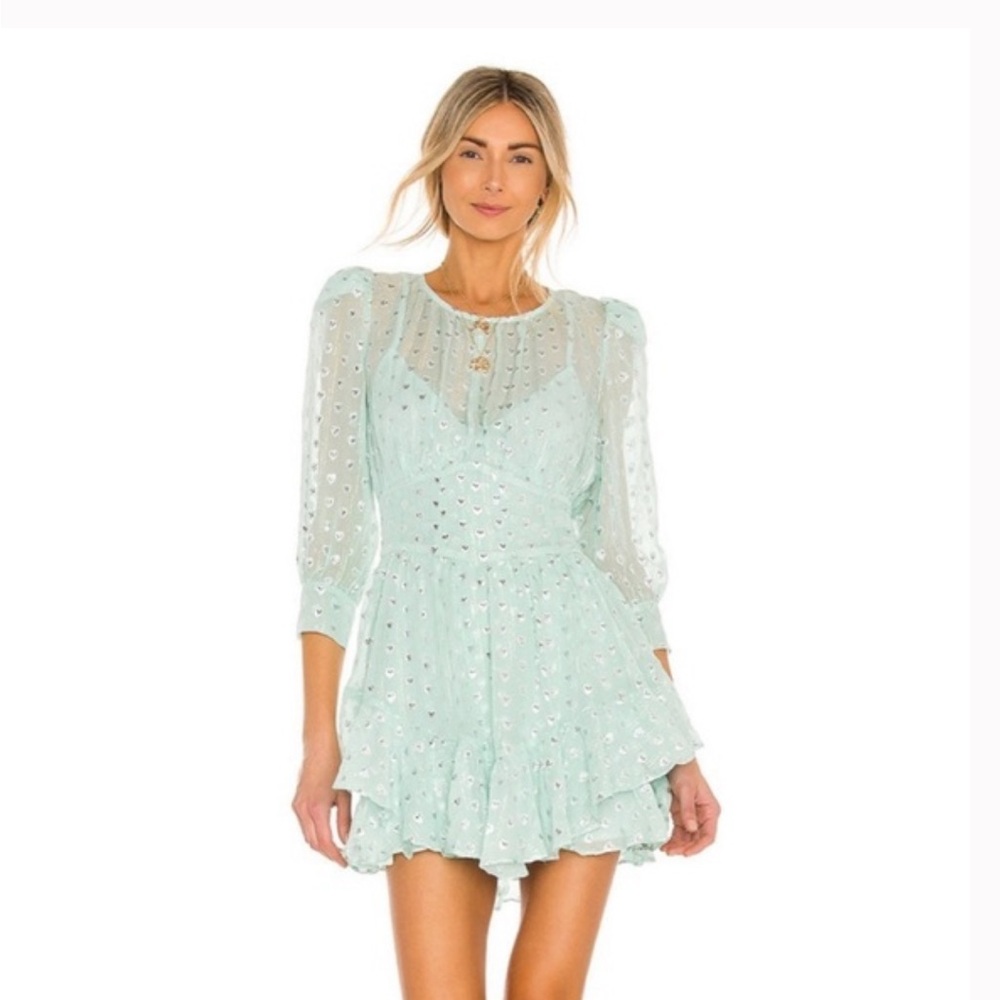 NWT For Love and Lemons mini Dress mint green & silver hearts Large prom wedding